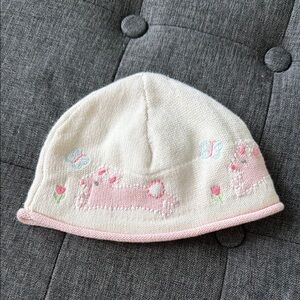 John Lewis Girls Cream Kids Knit Beanie with Pink Trim and Butterfly Motifs